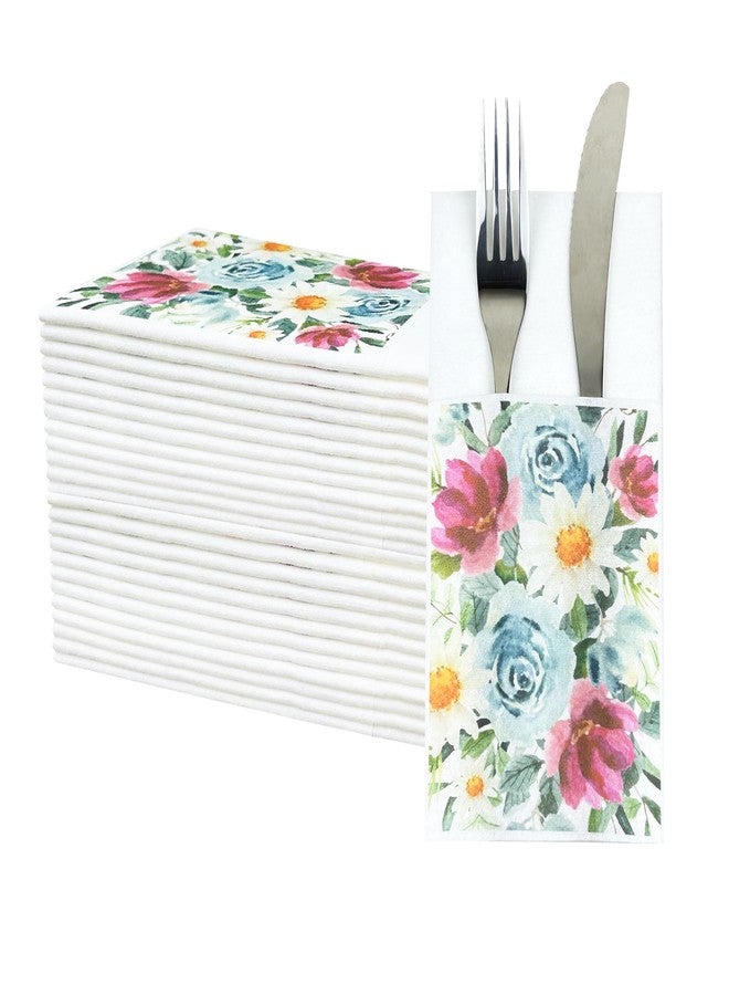 JEBBLAS 50Pcs Flower Design Linen Feel Napkins with Built-in Flatware Pocket, Pocket Napkins for Silverware, Disposable Napkins for Wedding, Dinner Party, Christmas, Baby shower - Image 1